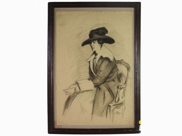Emilio Mazzoni Zarini : Ritratto di donna con cappello  ((1869-1949))  - Asta Arte moderna e contemporanea - Maison Bibelot - Casa d'Aste Firenze - Milano