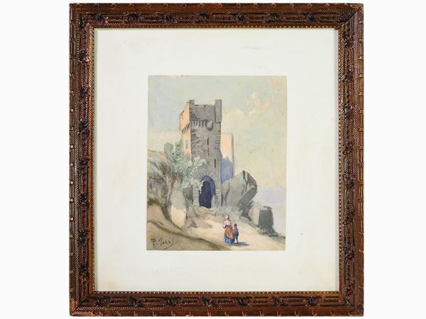 Pio Joris : Paesaggio con castello e figure  ((1843-1921))  - Asta Arte moderna e contemporanea - Maison Bibelot - Casa d'Aste Firenze - Milano