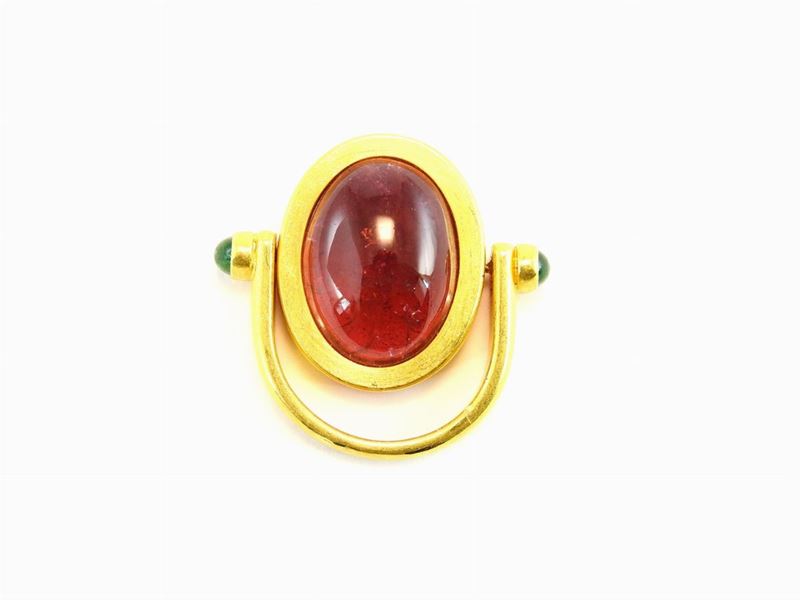 Anello in Oro Giallo con Tormalina Rosa e Smeraldi