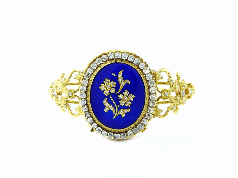 Bracciale Rigido, con Spilla Separabile, in Oro Giallo, Smalto e Diamanti