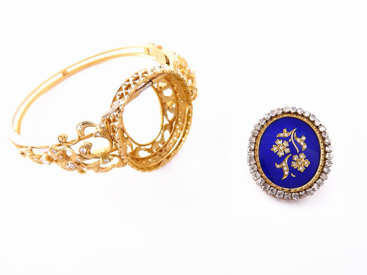 Bracciale Rigido, con Spilla Separabile, in Oro Giallo, Smalto e Diamanti