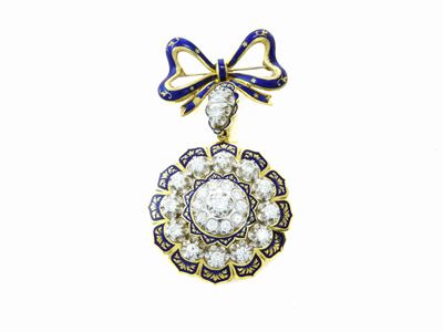 Spilla Pendente in Oro Giallo con Smalti Decorati e Diamanti
