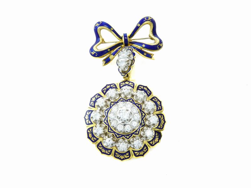 Spilla Pendente in Oro Giallo con Smalti Decorati e Diamanti