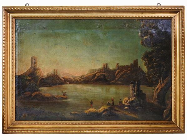 Scuola francese dell'inizio del XIX secolo - Landscape with Lake and Fishermen
