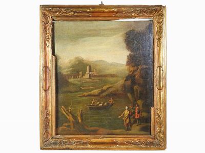 Paesaggio Fluviale con Personaggi e Castello sullo Sfondo