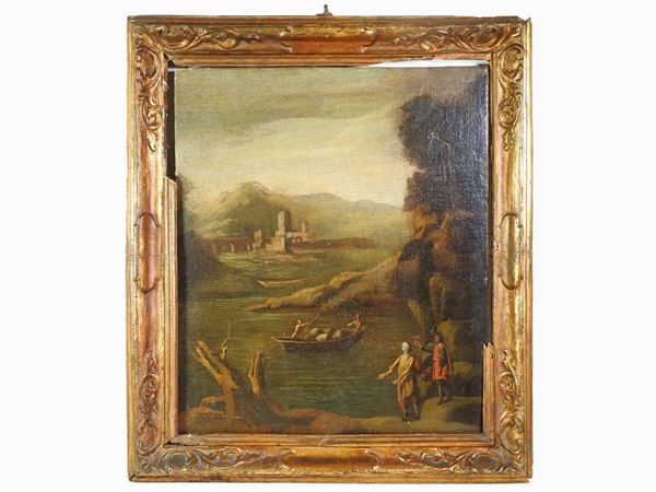 Scuola italiana del XVIII secolo - Paesaggio fluviale con personaggi e castello sullo sfondo