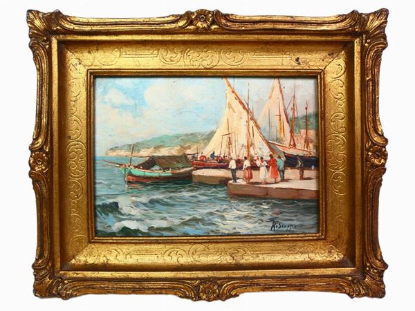 Radames Scoppa : View of Port with Boats and Figures  ((1877-1957))  - Auction Arte moderna e contemporanea - Maison Bibelot - Casa d'Aste Firenze - Milano