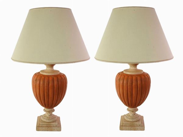 A Pair of Earthenware and Travertine Table Lamps