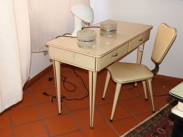 Umberto Mascagni - A Wood, Metal and Skai Desk Table and Chair
