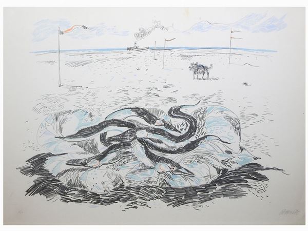 Antonio Possenti : Paesaggio marino con natura morta con pesci  ((1933-2016))  - Asta Arte moderna e contemporanea - Maison Bibelot - Casa d'Aste Firenze - Milano