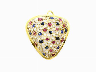 Pendente Spilla in Oro Giallo, Zaffiri, Rubini e Pietre Incolori