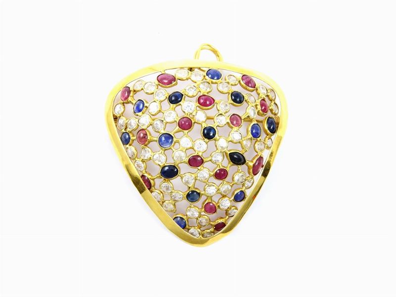 Pendente Spilla in Oro Giallo, Zaffiri, Rubini e Pietre Incolori