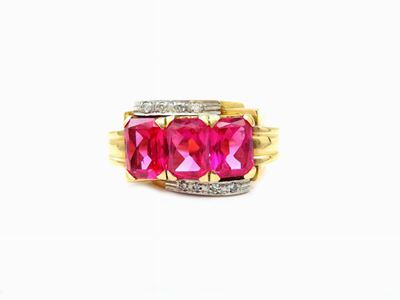 Anello in Oro Giallo e Bianco 585/1000 con Diamanti e Rubini Sintetici