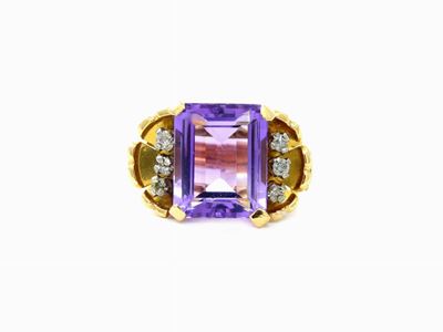 Anello in Oro Giallo 585/1000, Diamanti e Quarzo Ametista