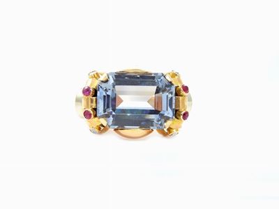 Anello in Oro Giallo 585/1000 con Diamanti, Rubini e Spinello Azzurro Sintetici