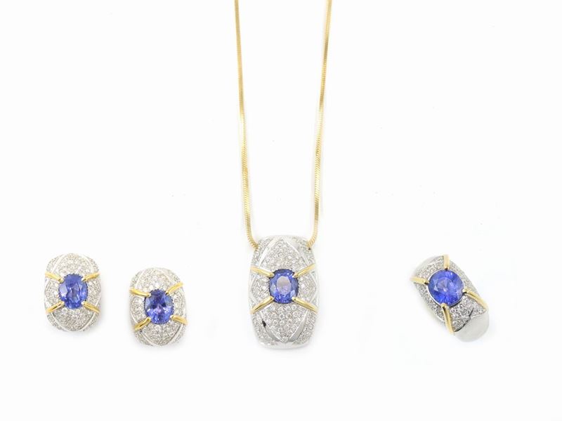 Parure Anello, Orecchini e Girocollo in Oro Bianco e Giallo con Diamanti e Tanzaniti