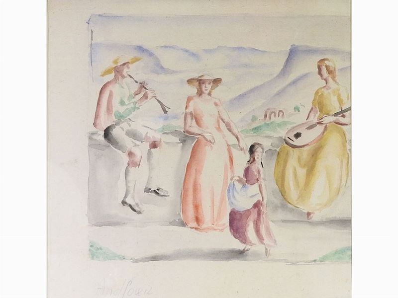 Scuola Italiana del XX Secolo - Paesaggio con Personaggi