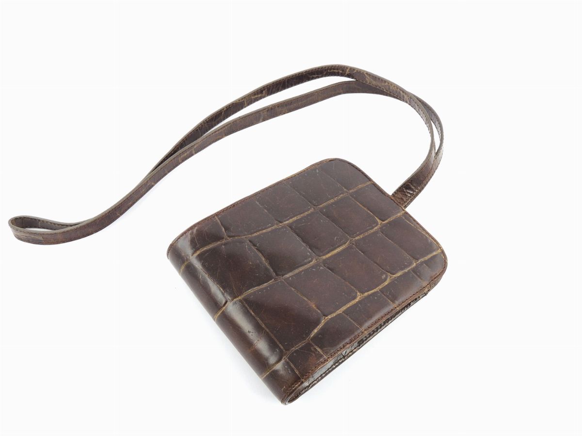 Borsetta a Tracolla in Coccodrillo Marrone Scuro, Giorgio Armani