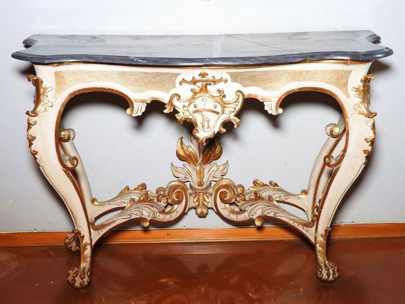 Console in Legno Laccato Bianco e Lumeggiato in Oro