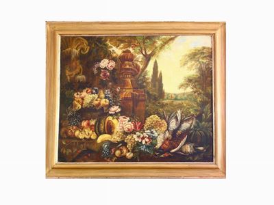 Natura Morta con Frutta e Fiori in un Paesaggio