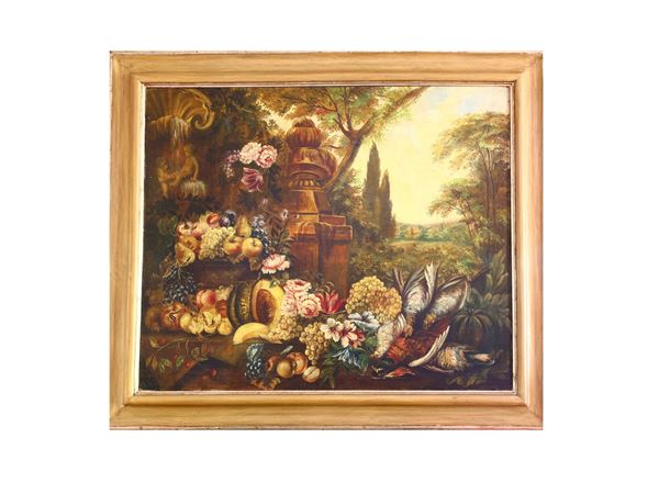 Still Life with Fruit and Flowers in a Landscape