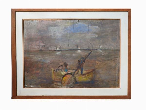 Mario Marcucci - Paesaggio marino con barca e pescatori