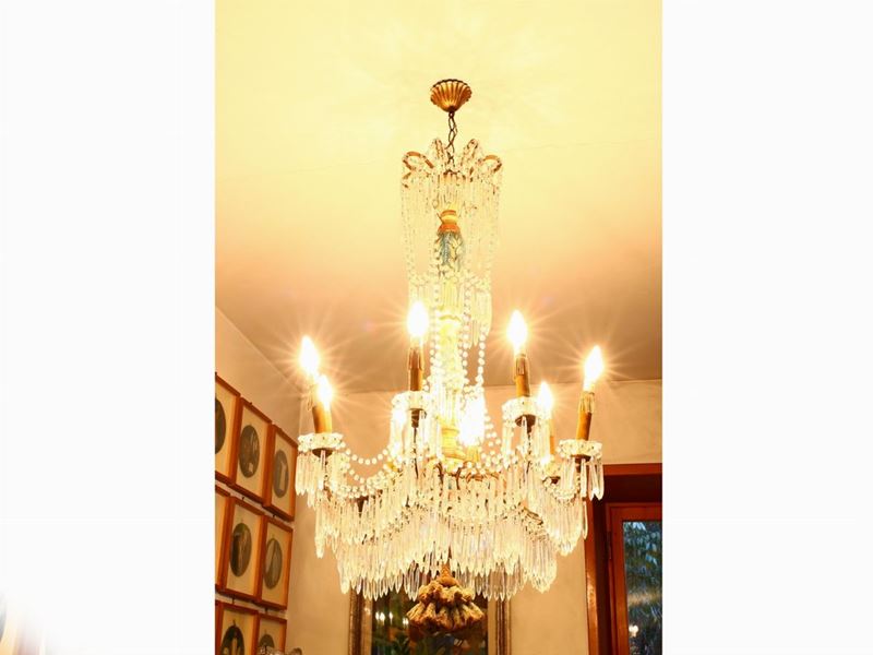 Lampadario a Paniere in Metallo e Legno Dorato
