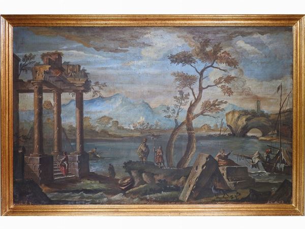 Scuola piemontese, XVII-XVIII secolo - Paesaggio con rovine classiche