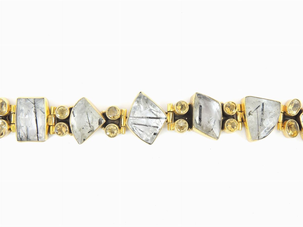 Bracciale in Metallo Dorato, Quarzi Rutilato e Citrini