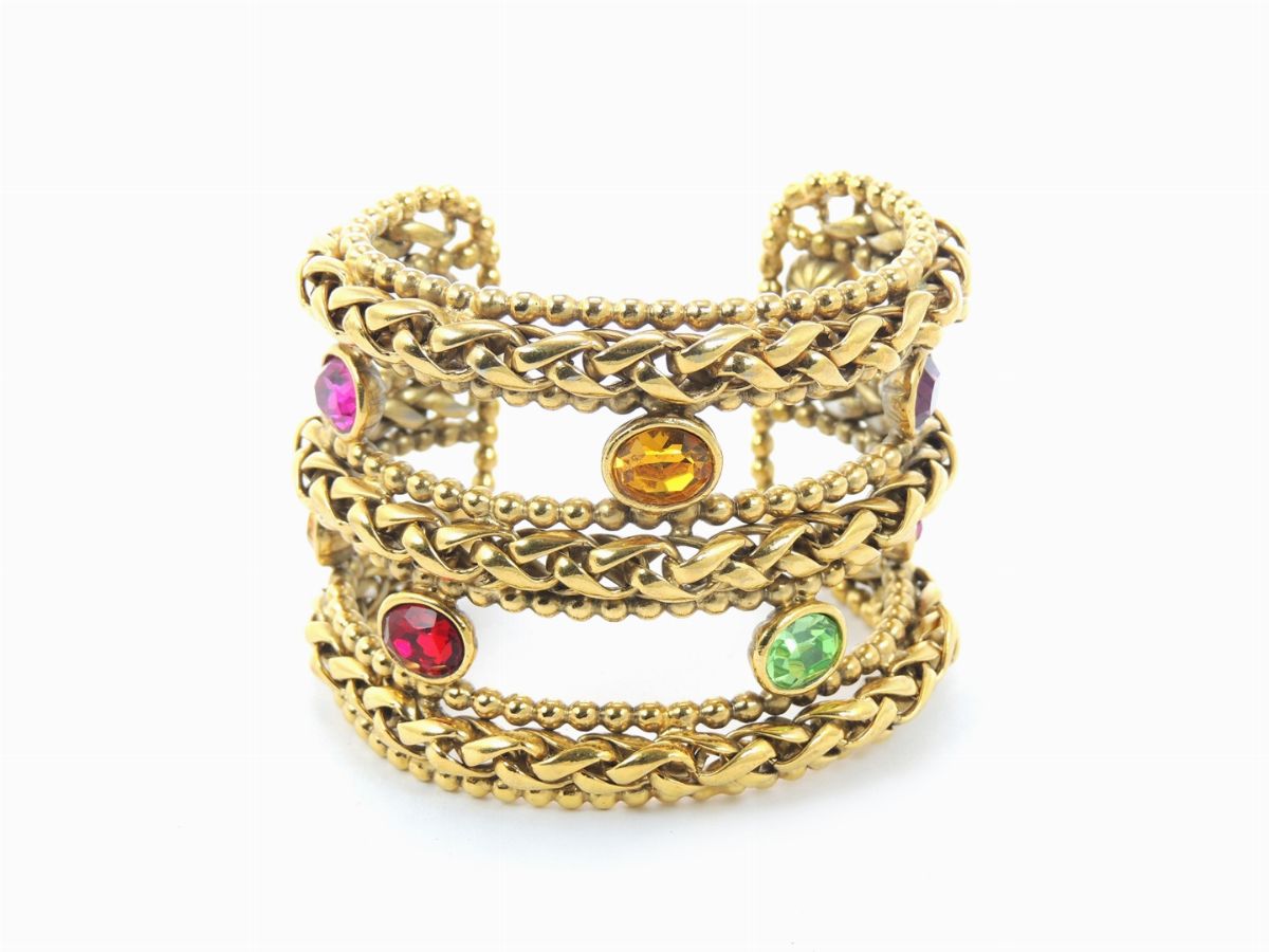 Bracciale Manchette in Metallo Dorato e Strass, Yves Saint Lauren