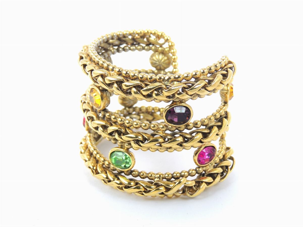 Bracciale Manchette in Metallo Dorato e Strass, Yves Saint Lauren
