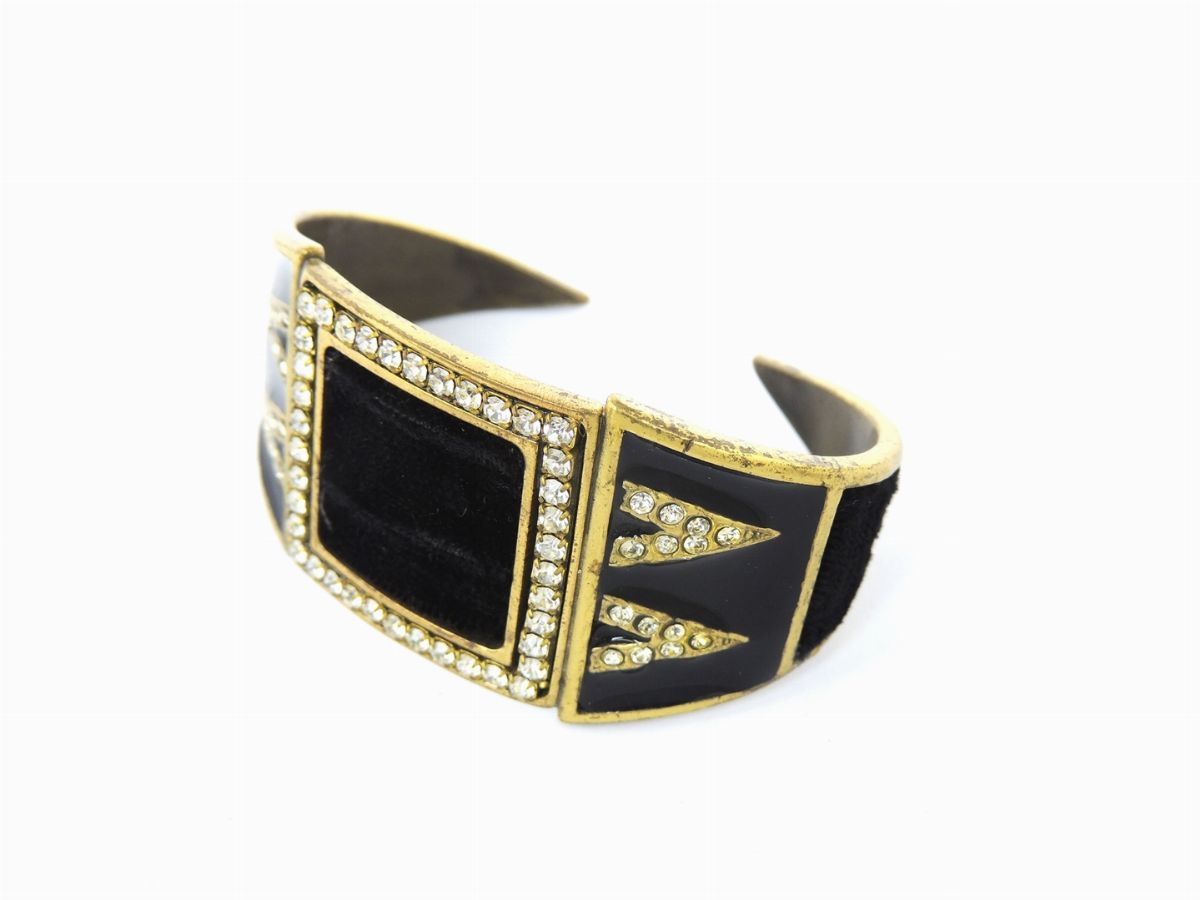 Bracciale Rigido in Metallo Dorato, Smalto, Velluto e Strass, il Gioiello di Firenze