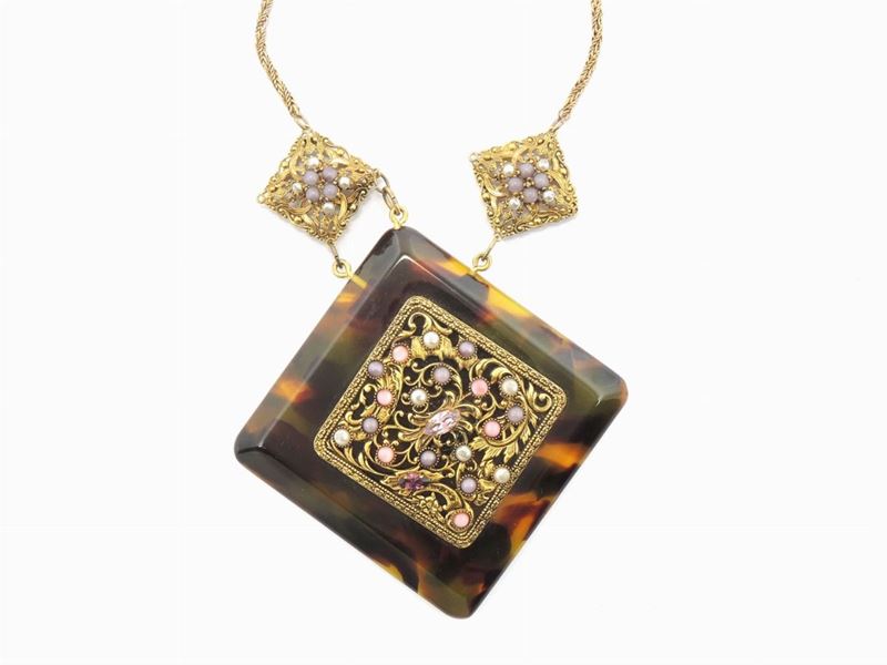Collana in Metallo Dorato, Resina e Vetro