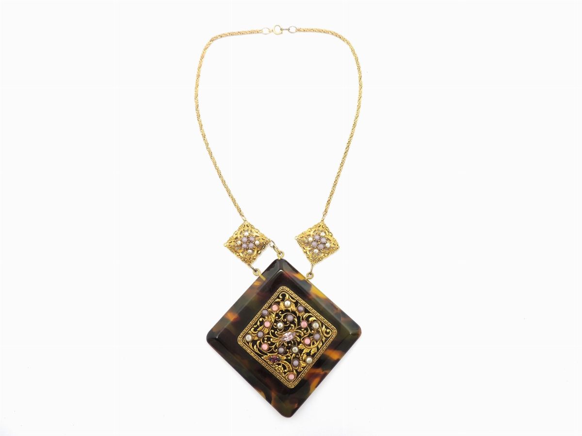 Collana in Metallo Dorato, Resina e Vetro