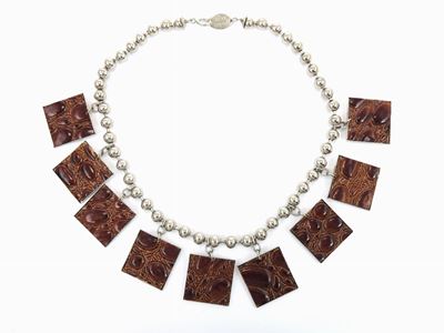 Collana in Metallo Argentato e Coccodrillo, Carlo Zini