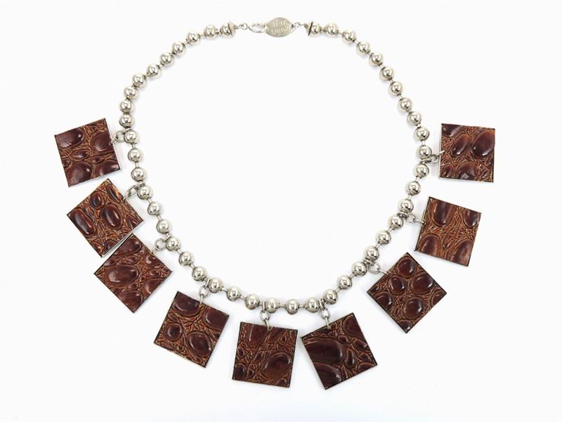 Collana in Metallo Argentato e Coccodrillo, Carlo Zini