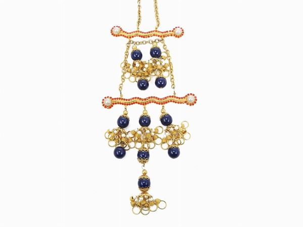 Goldtone metal, rhinestones and glass necklace, De Lillo