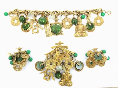 Parure in Metallo Dorato, Madreperla e Vetro, Art