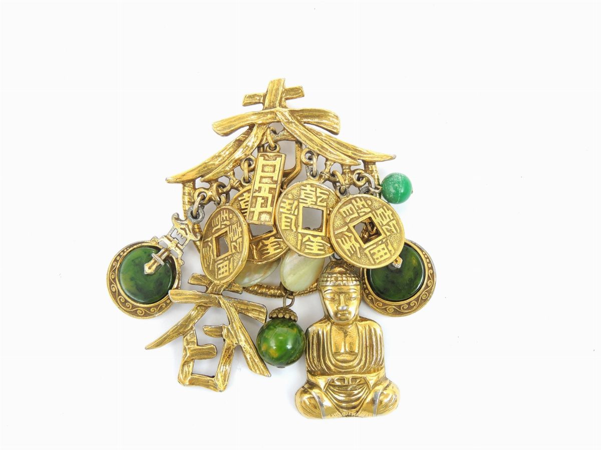 Parure in Metallo Dorato, Madreperla e Vetro, Art