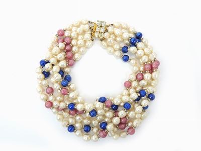 Collana Multifilo di Perle in Vetro e Strass