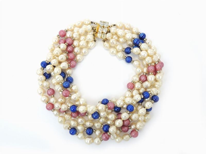Collana Multifilo di Perle in Vetro e Strass