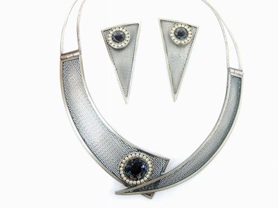 Parure in Metallo Argentato ed Irridescente, Vetro e Strass, il Gioiello di Firenze