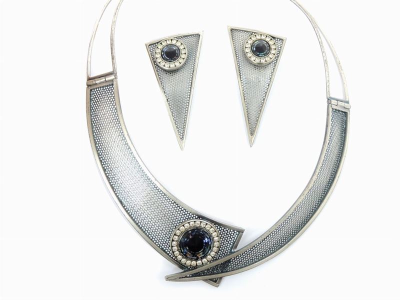 Parure in Metallo Argentato ed Irridescente, Vetro e Strass, il Gioiello di Firenze