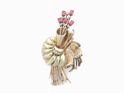 Spilla Floreale in Sterling, Vetro e Strass, R. De Rosa