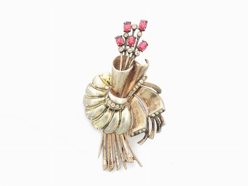 Spilla Floreale in Sterling, Vetro e Strass, R. De Rosa
