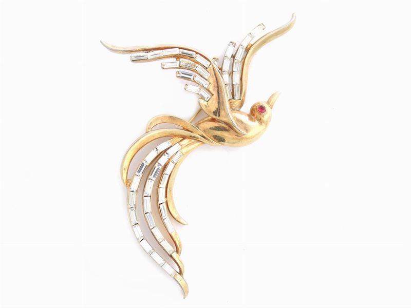 Spilla Animalier in Metallo Dorato e Strass, Trifari