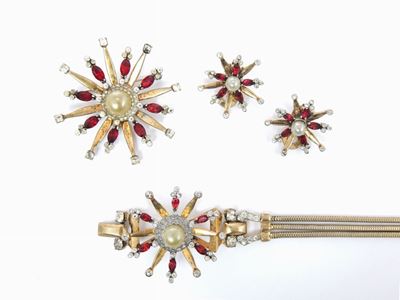 Parure in Metallo Dorato, Strass e Perle Simulate, Mazer