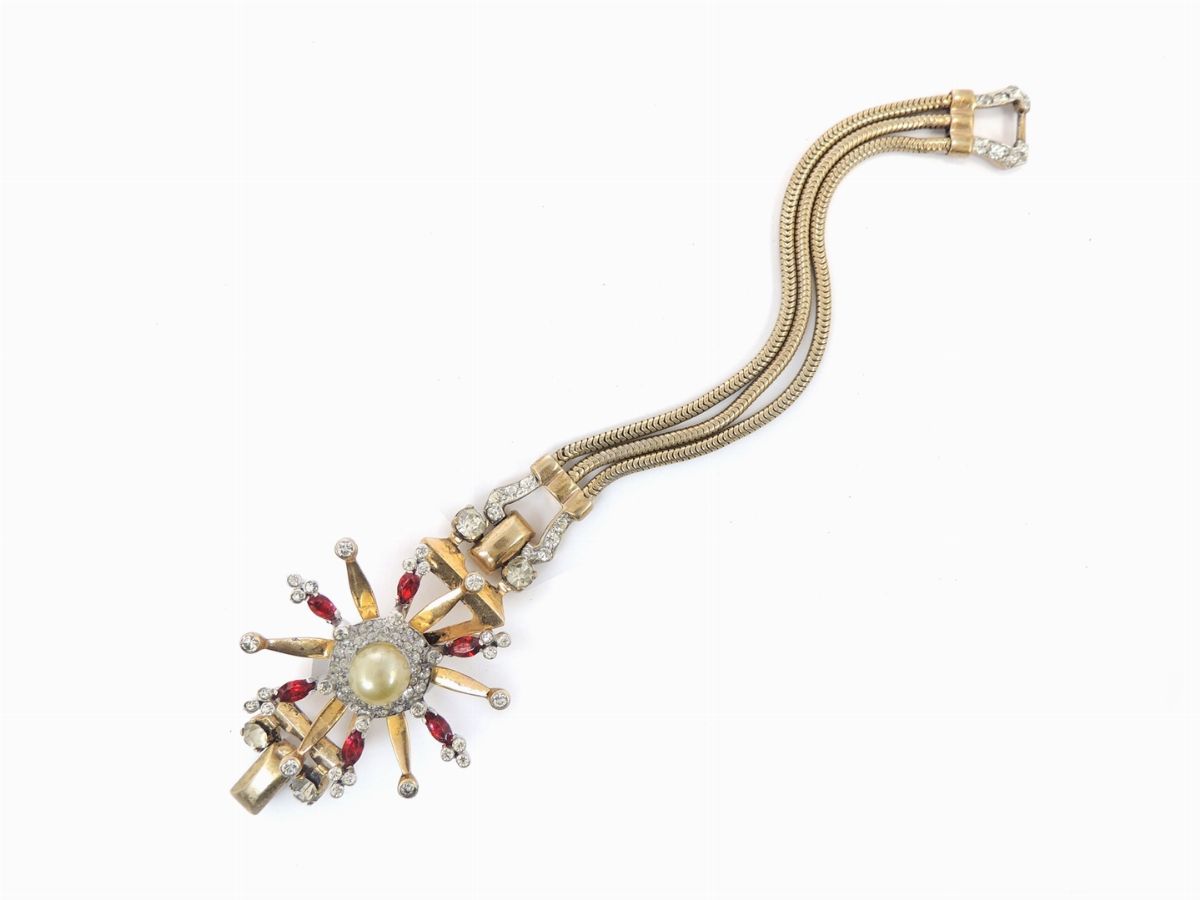 Parure in Metallo Dorato, Strass e Perle Simulate, Mazer