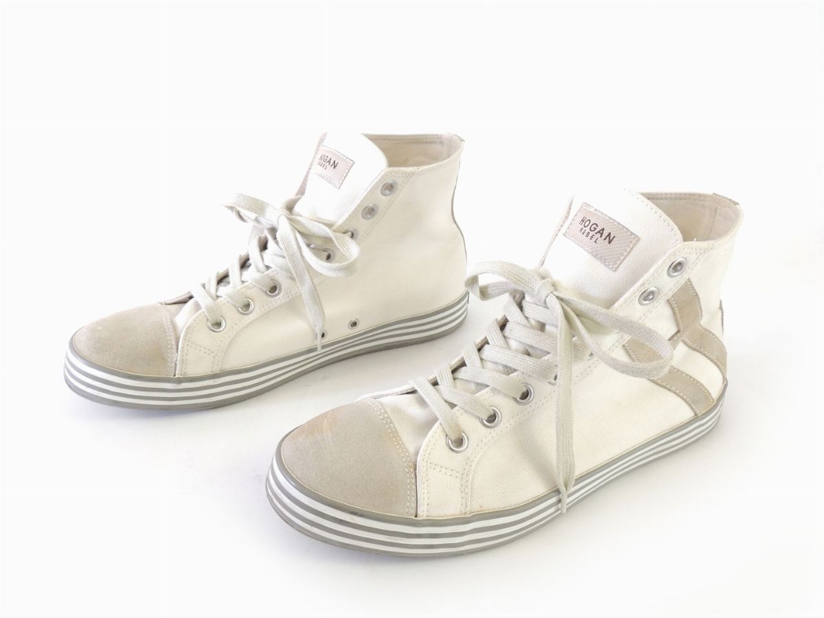 Paio di Sneakers in Tela e Camoscio Bianco, Hogan Rebel