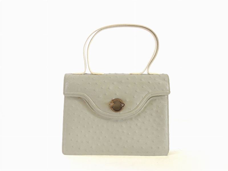 Borsa a Mano in Pelle di Struzzo Bianco